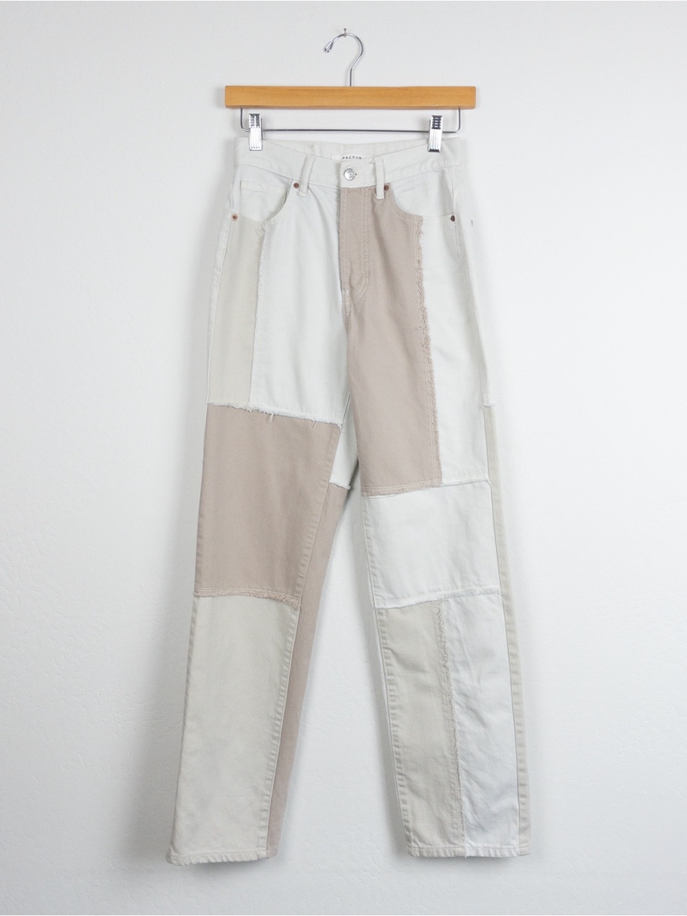 PacSun Patchwork High-Rise Dad Jeans in Cream & Taupe